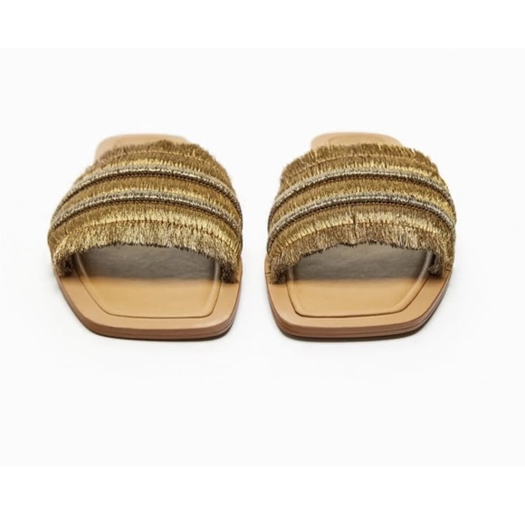 Zara Flat Sandals With Fringe Square Toes Golden - Picture 5 of 12
